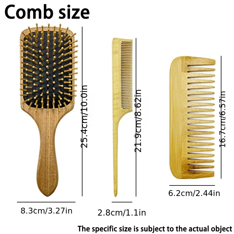 TEMU 3pcs Dark Bamboo Comb Set With , Massage Comb, Wide Tooth Comb, Pointed Tail Comb For Hair, - Ideal For Gentle Styling, Detangling, And Scalp Massage