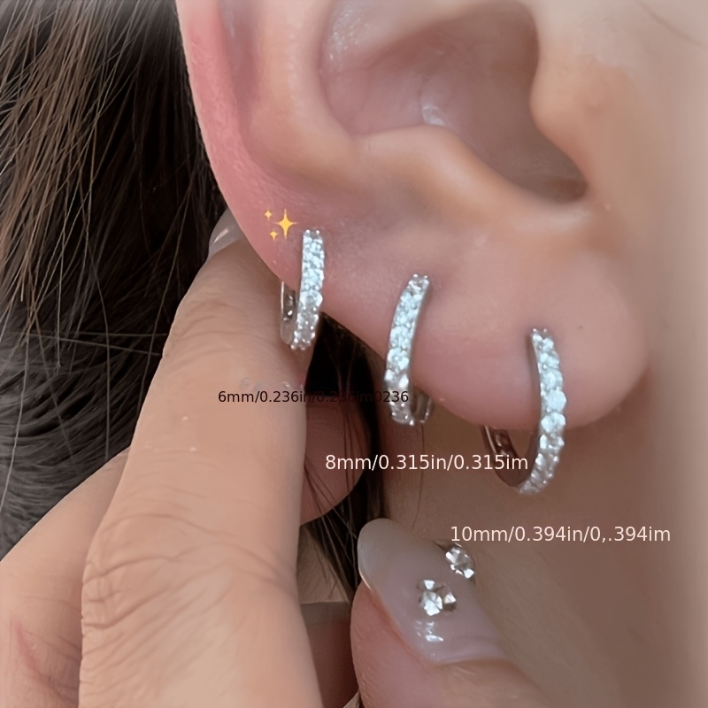 TEMU 3pcs Women's Cubic Synthetic Zirconia Hoop Earrings Clip-on Cartilage Earrings With Snap Closure, 6/8/10mm Hoops, K Plated Suitable For Daily