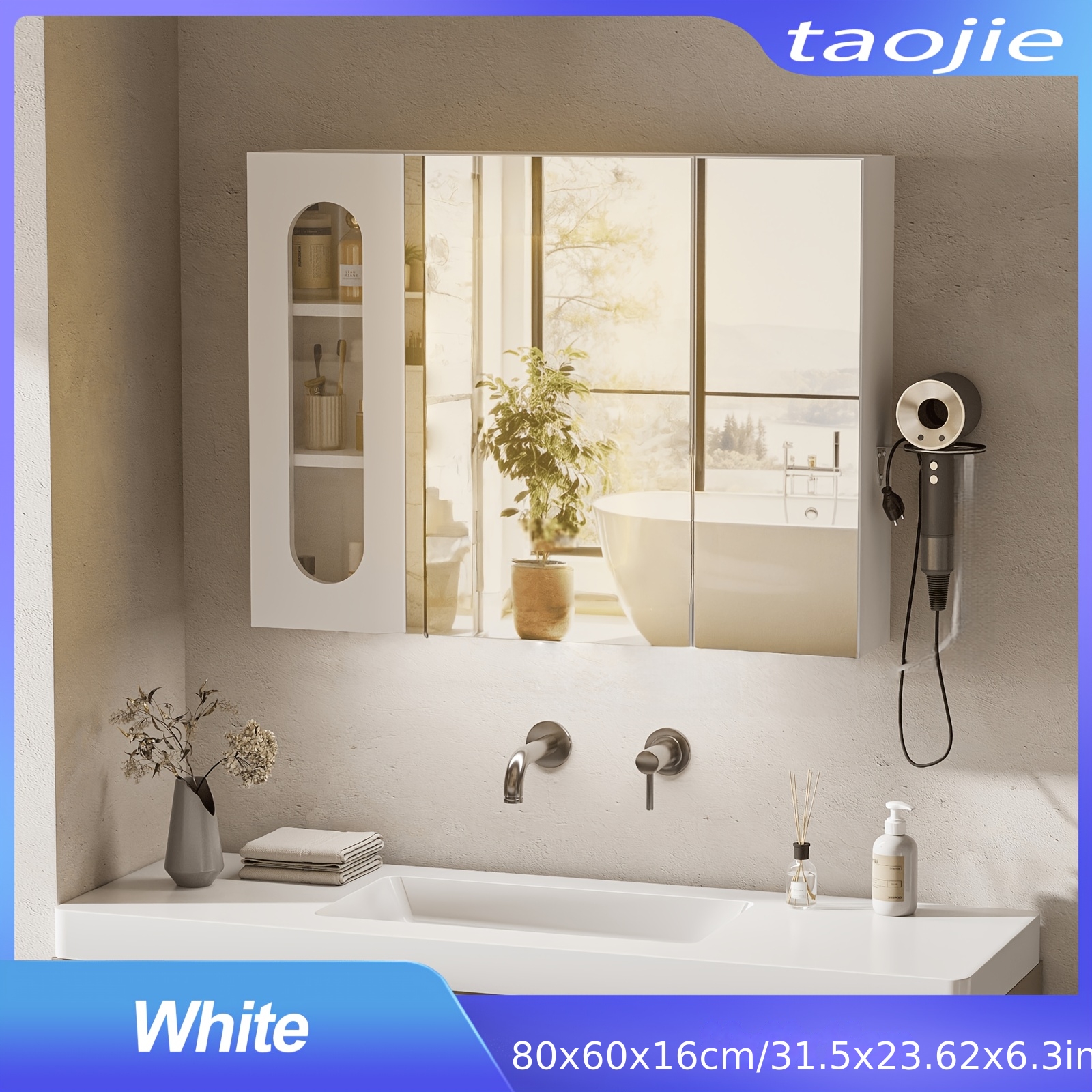 Bathroom Storage Organizer Featuring A White Wall-mounted Cabinet With A Holder For A Hair Dryer