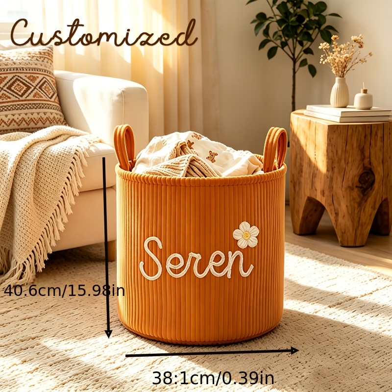 Personalized Name Corduroy Storage Basket with Carry Handle, Large Capacity