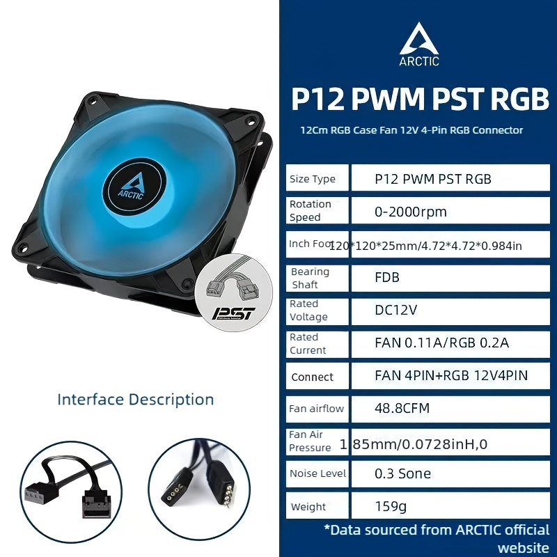 TEMU Arctic P12 Pwm Pst Rgb Black - 120mm Pwm Case Fan For Static Pressure, Semi-passive: 0 - 2000 Rpm, 12v 4 Pin Rgb Led