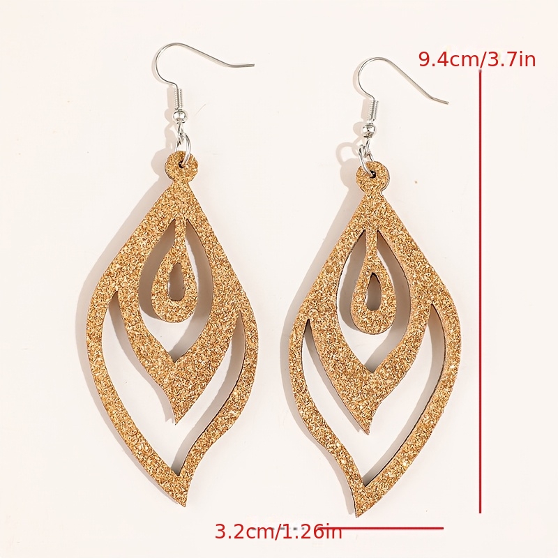 Women's Shimmering Hollow Wooden Water Drop Earrings, Vacation Style