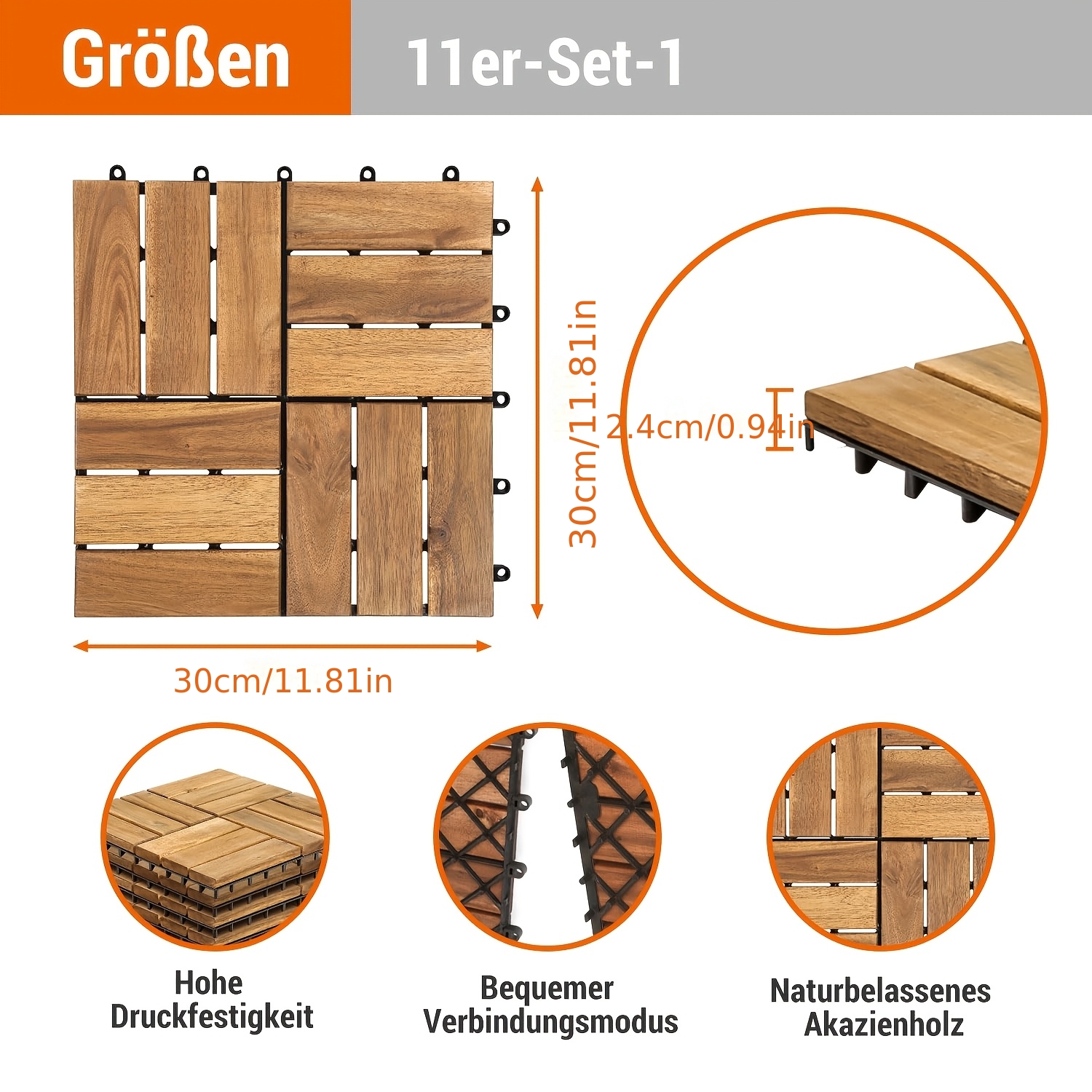 Image of 11/22/33/44/55pcs Balcony And Patio Floor Tiles, Interlocking Outdoor Tiles, 30 X 30 Cm, With Drainage System, 12 Slatted Tiles, Outdoor Flooring, Easy To Lay Without Tools