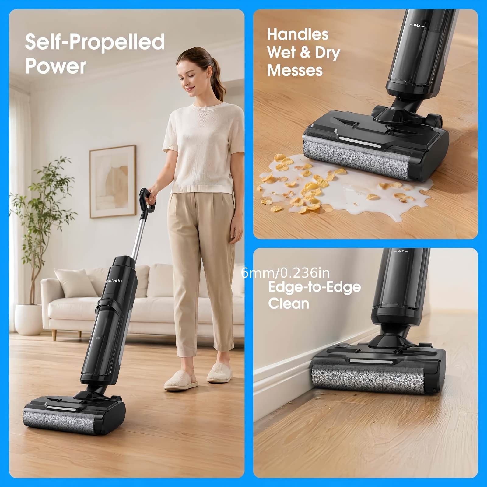 TEMU Lubluelu Aspirateur et 3-en-1 fil, 36KPa de d'aspiration, auto-nettoyage Flashdry , filtre HEPA, vocal intelligent, nettoyage des bords de 6 mm,
