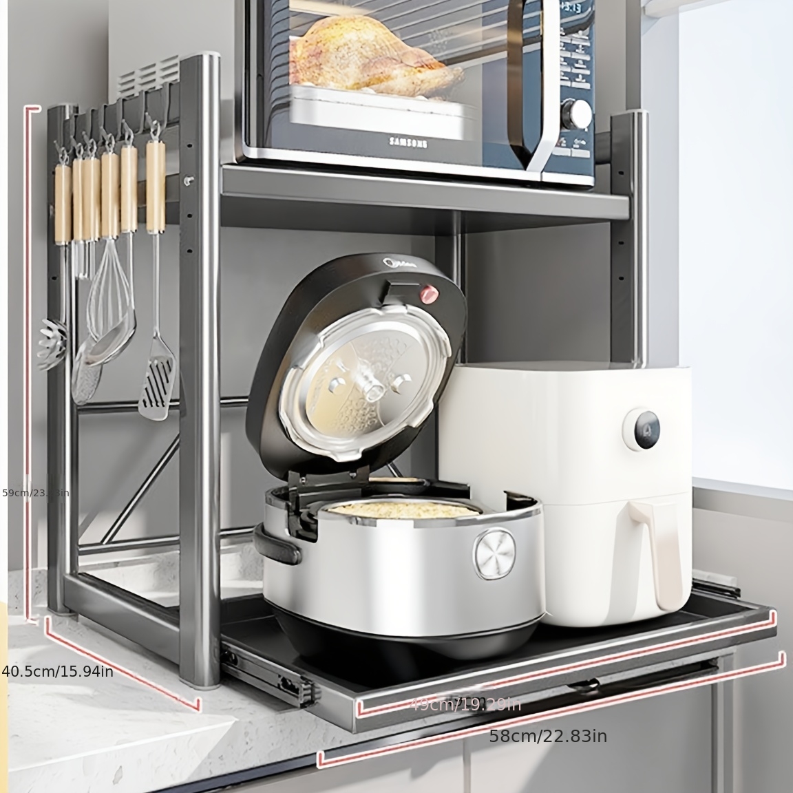 Adjustable Pull-out Microwave & Appliance Storage Rack - Multifunctional Kitchen Organizer For Air Fryer, Coffee Maker & More - Durable Metal Construction