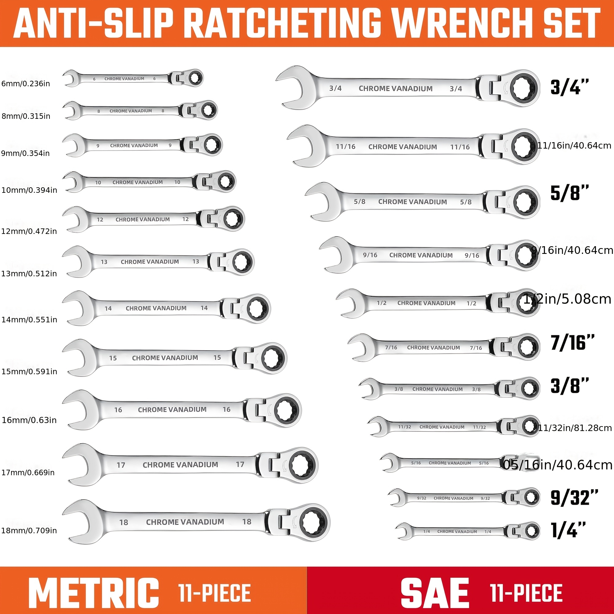 TEMU Jeu de clés mixtes 22 pièces à tête élastique et à tête fixe, clés combinaison, métriques et impériales, 1/4" à 3/4" et 6-18 mm, acier , , avec
