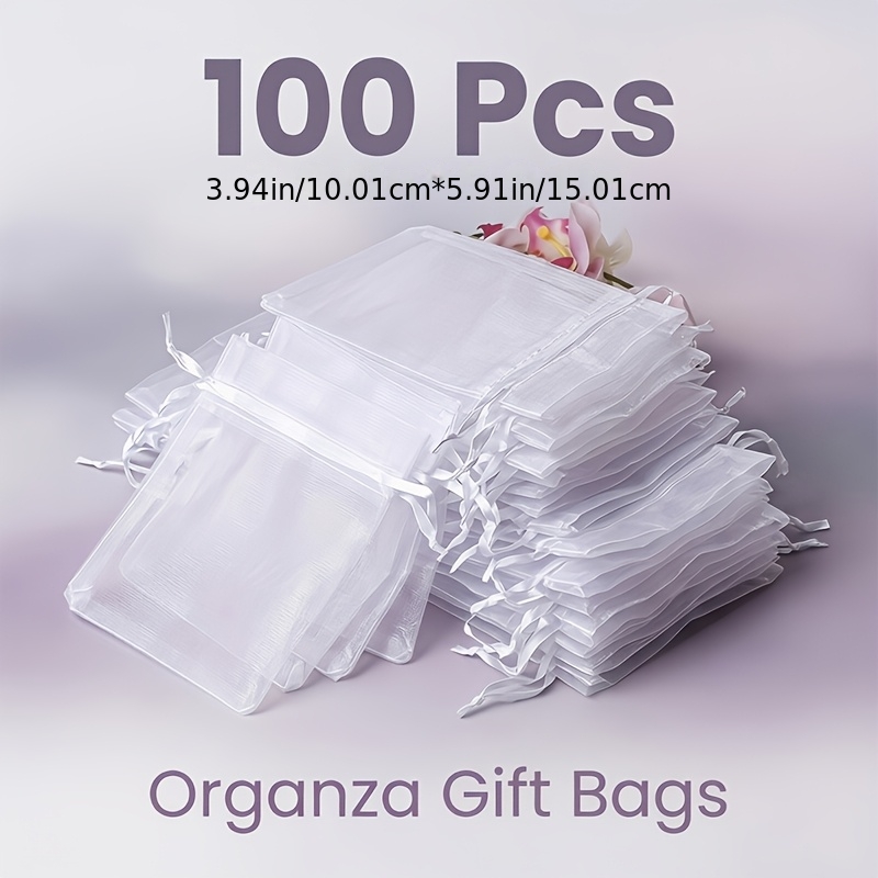 TEMU 100pcs 3.94in*5.91in Large Size Organza Drawstring Transparent Gift Bags, Suitable For Wedding Favors, Party Favors, Jewelry, Candy And