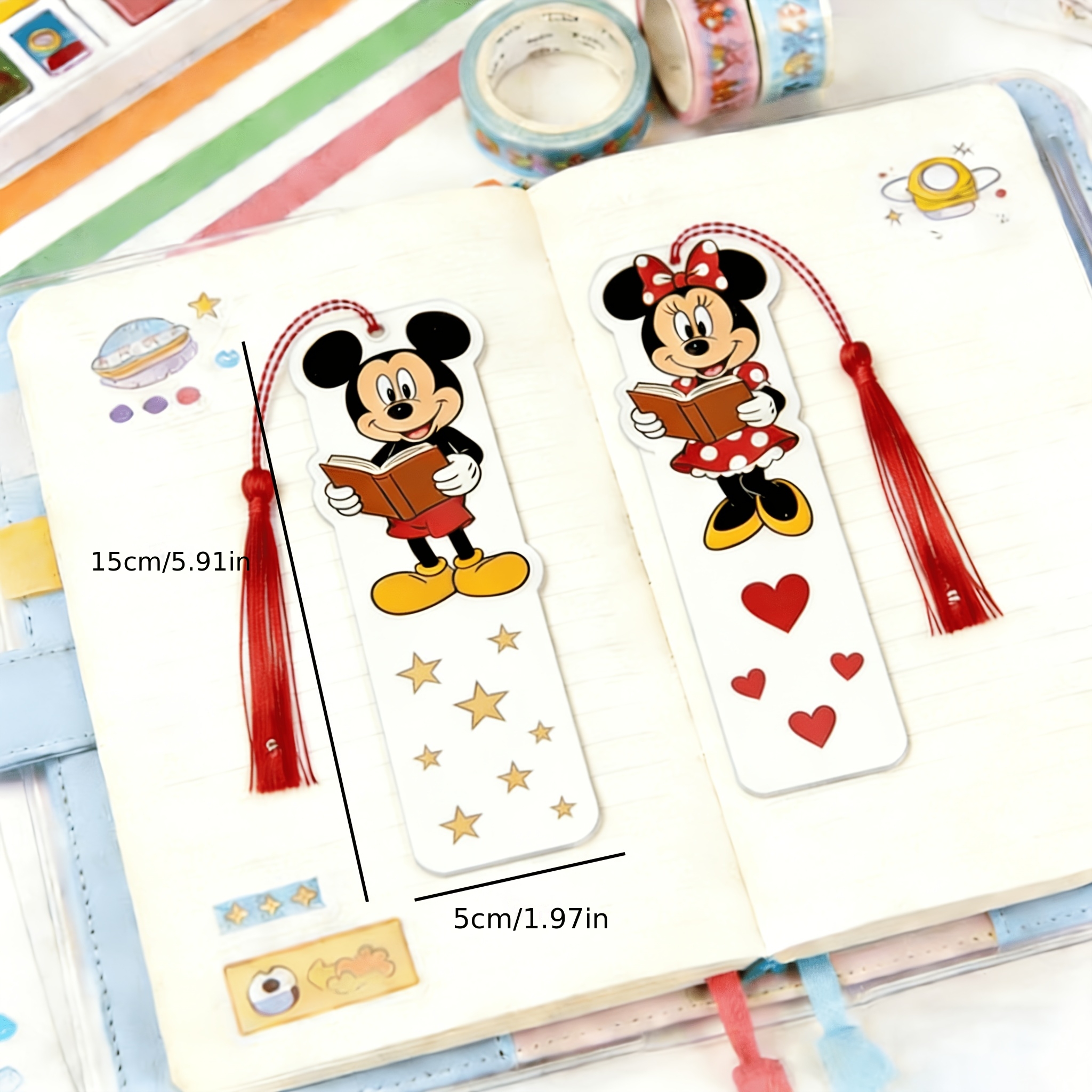 E-shop 2er-Set und Minnie Acryl-Lesezeichen, klassische Charaktere, Lese--Design, Acryl-Material, mit rotem Quastenband, Retro und lebendig. -Stil