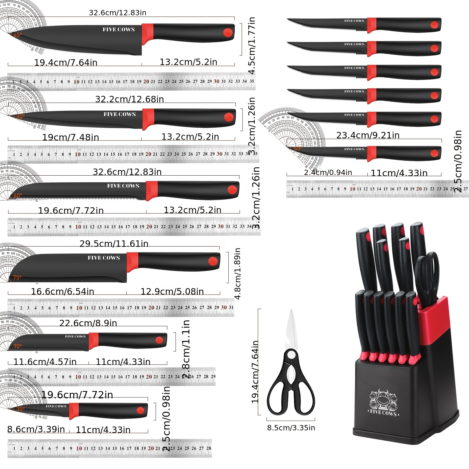 [Best Holiday Gift] 14pcss Five Cows 14pcs Knife Set With Sharpener Block, Stainless Steel, Steak Knife, Cutting Knife, Fruit Knife, Anti Slip Handle, Dishwasher, Safe Kitchen Knife, Built-in Sharpener, Best Holiday Gift In Dark Blue, White, Black, And Red
