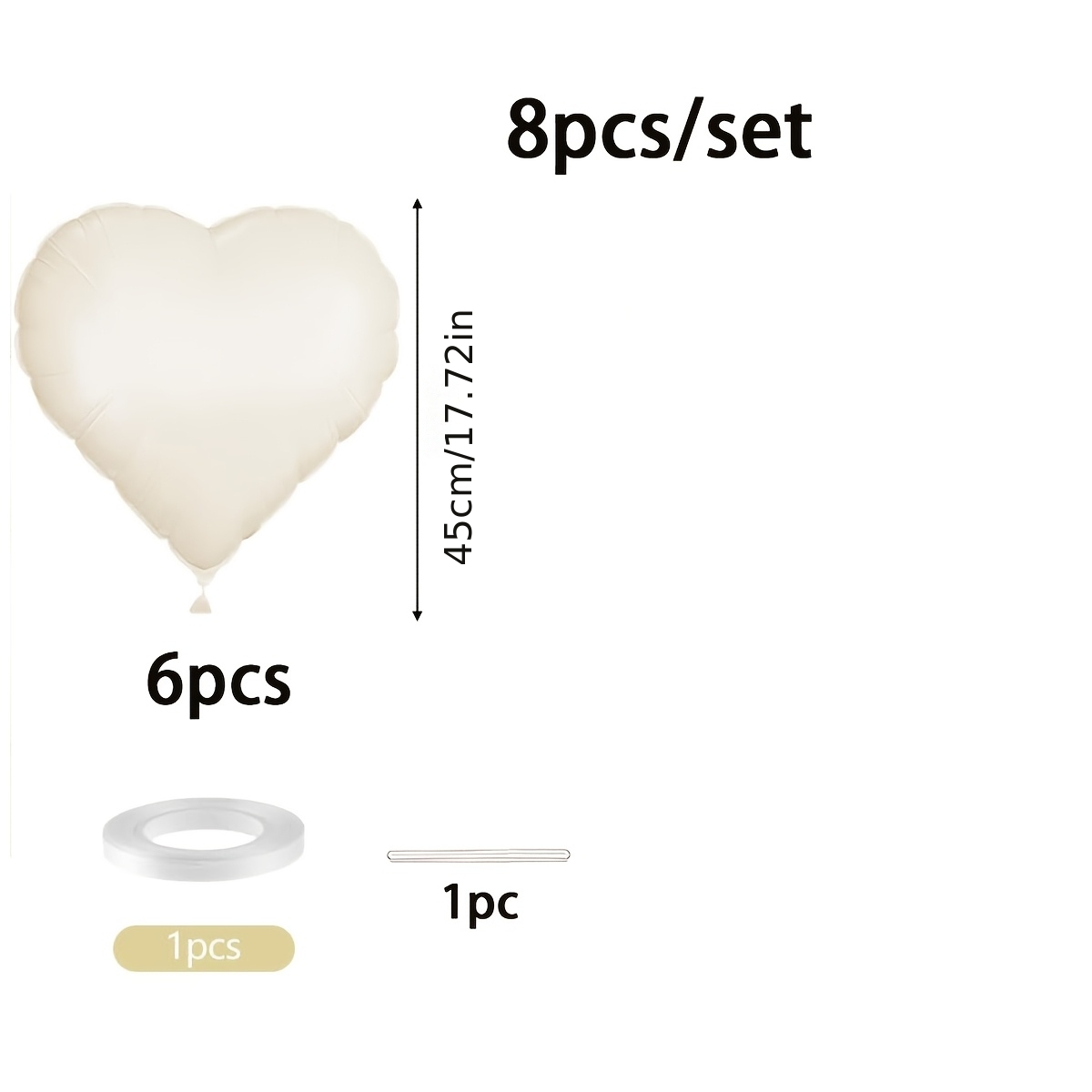 TEMU 8pcs Cream Heart Balloons, (6pcs Heart Shaped Balloons And 1pc Ribbon And 1pc Straw), Cream White Heart Shaped Balloons, 18 Inch Nude Foil Heart