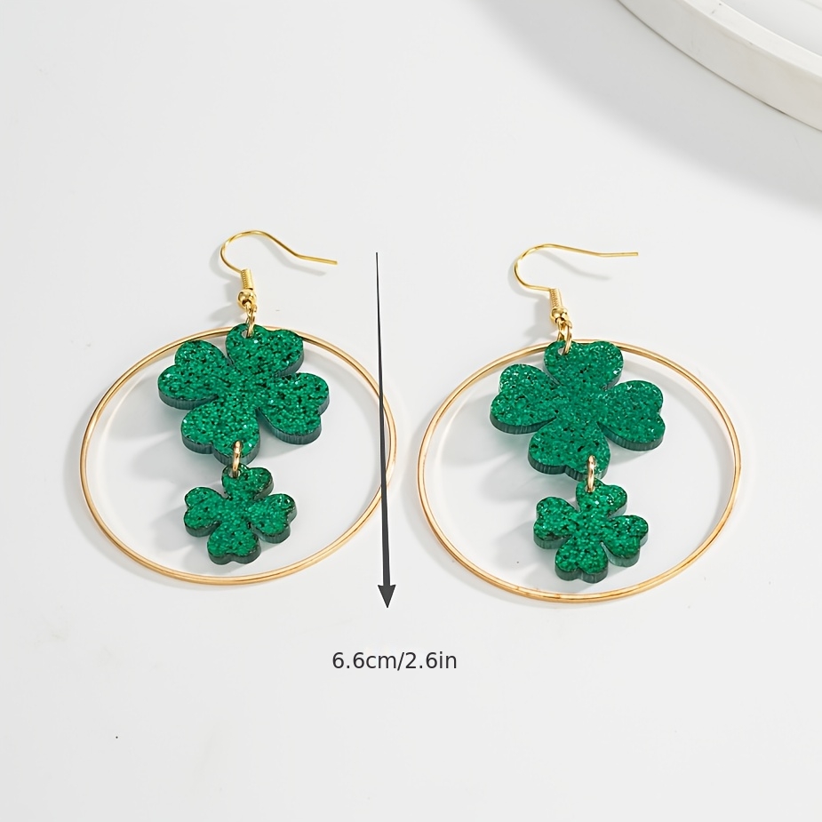Fashionable Double-Layer Glitter Shamrock Pendant Earrings