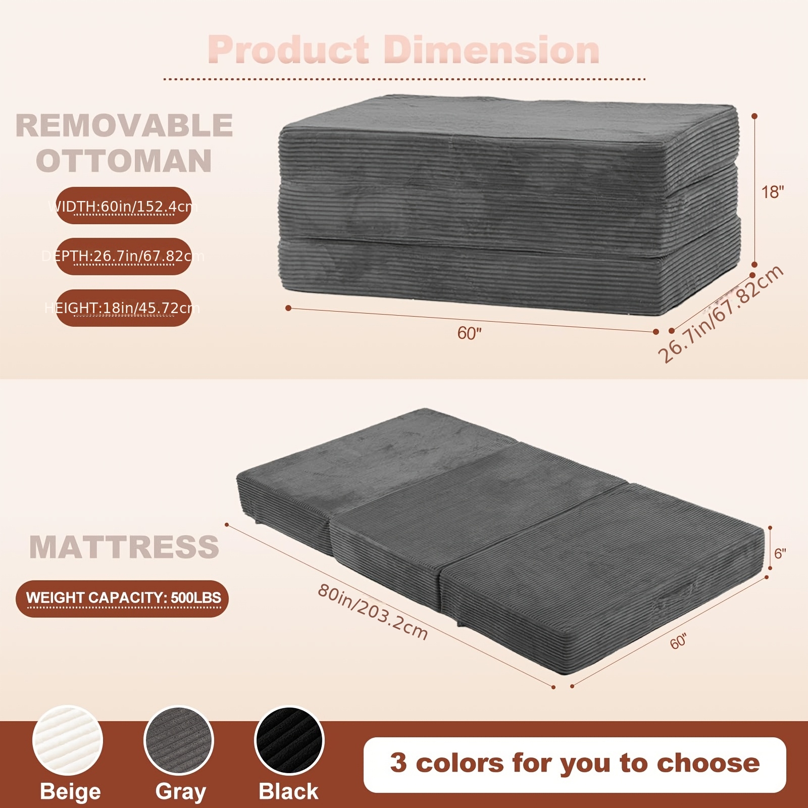 TEMU 6-inch Foldable Mattress, Folding Sofa Bed With Removable Washable Cover, Portable Futon Mattress Full Size Floor Guest Mat With Non-slip Bottom