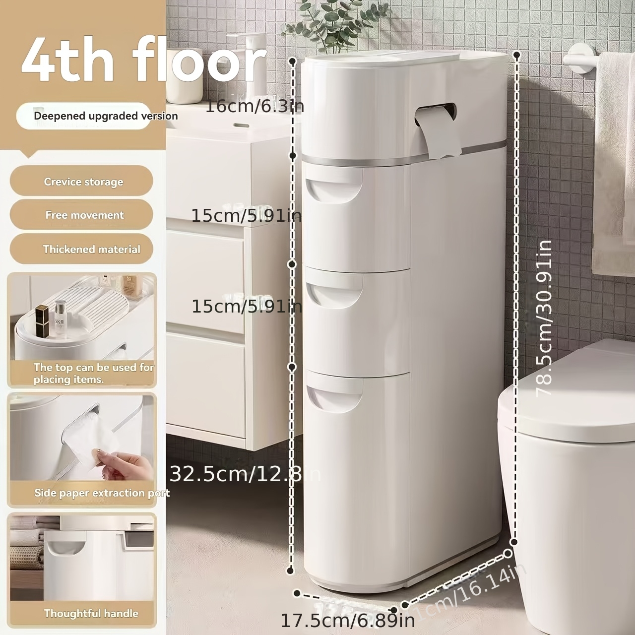 TEMU Bathroom Storage Cabinet, Drawer-style Narrow Organizer, Household Toilet Side Storage Cabinet, Plastic Organizer, No Installation Required,