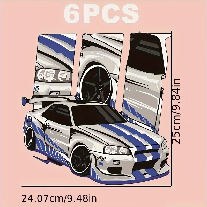 TEMU 6pcs Durable Washable Heat Transfer Prints Featuring Sports Cars, Automotive, And Modification Themes In Mixed Colors, Vinyl Prints, Heat
