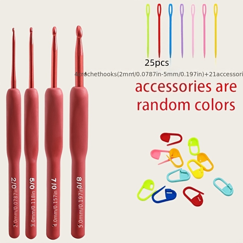 TEMU 25pcs/set, Elegant Red Soft-handle Crochet Hook Set, 4 Crochet Hooks (2mm-5mm) + 21 Random Color Accessories. Upgraded Red Crochet Hooks, Easy