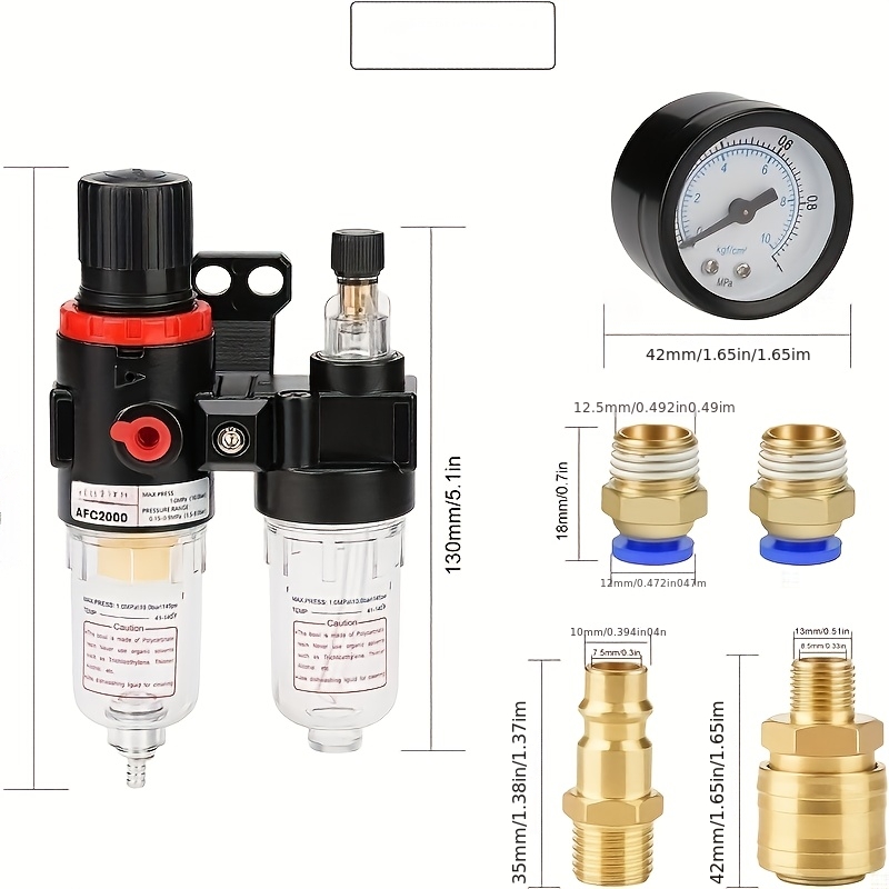 E-shop 6-teiliges 1/4-Zoll-Luftdruckregler-Set mit Wasserfall, Öl-Abscheider & Manometer. Metall-Kunststoff-Konstruktion, ungeladen. Für die von