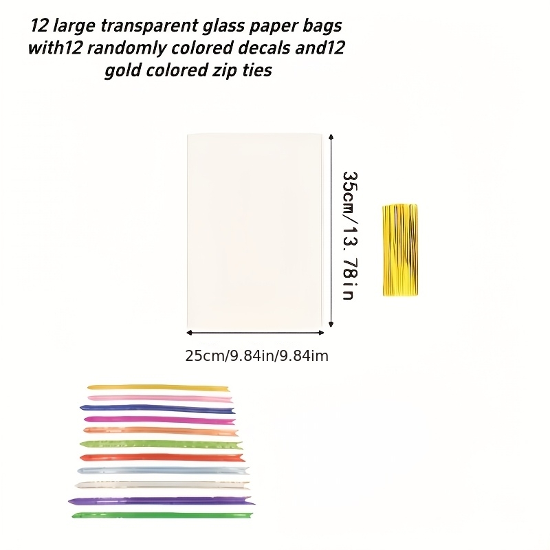 TEMU 36pcs, 12 Large Transparent Glass Paper Bags With 12 Colored Decals And 12 Golden Colored Zip Ties, Suitable For Baskets And Gift Packaging,