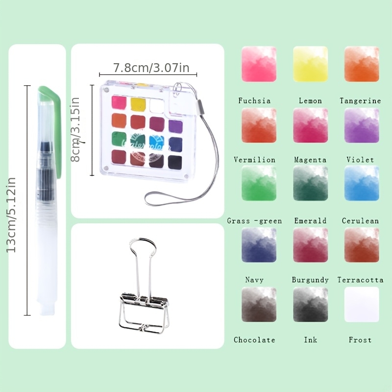 TEMU Mini Travel Watercolor Set, Bright Solid Watercolor Pigments With 15pcs Random Color Pens, Pigments, Includes Adjustment Area, Compact Acrylic