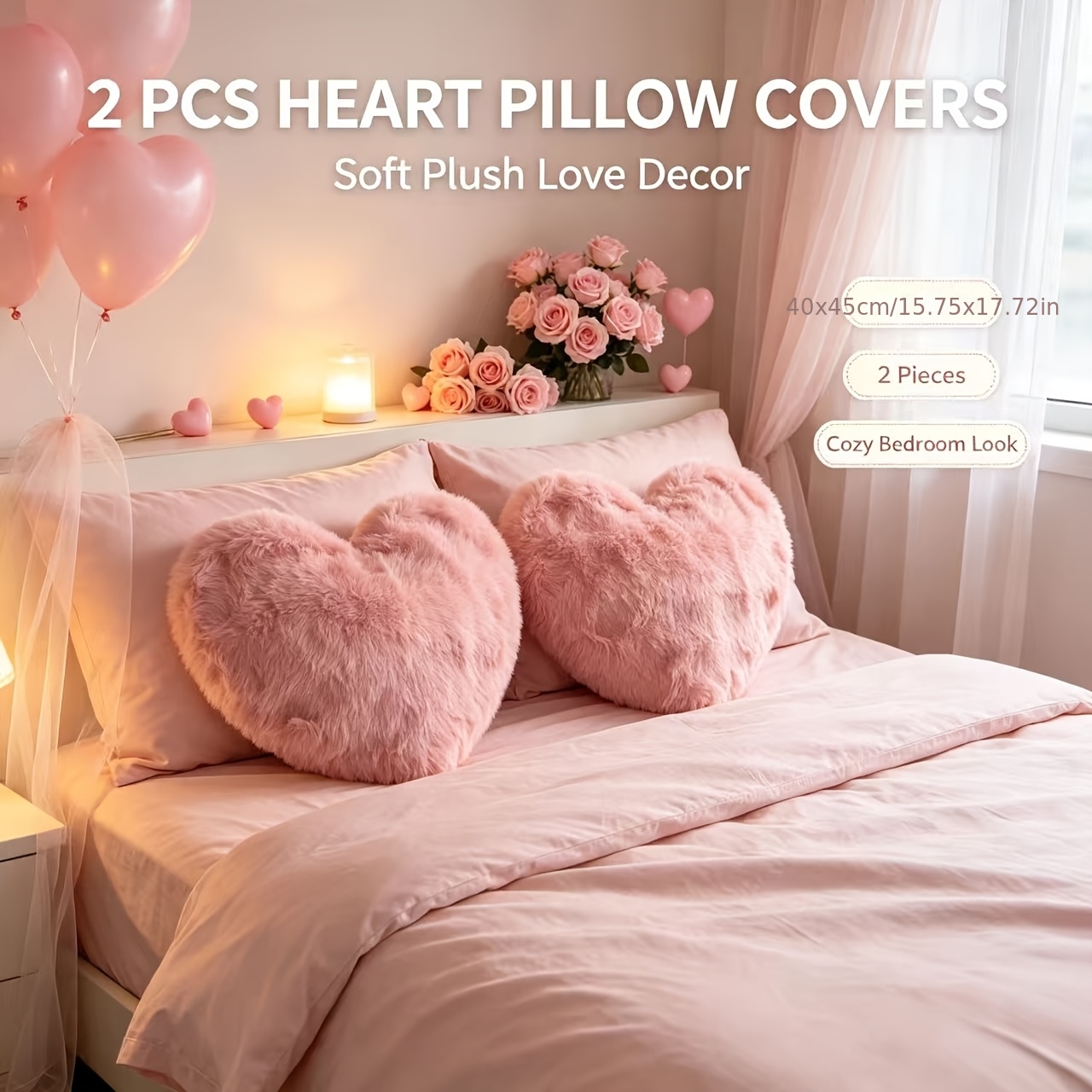 TEMU 2pcs Pink Heart Plush Pillowcases, Romantic And , Size 40cm×45cm/15.7in×17.7in, Fluffy, Soft, And Skin-friendly Decorative Pillow Covers,