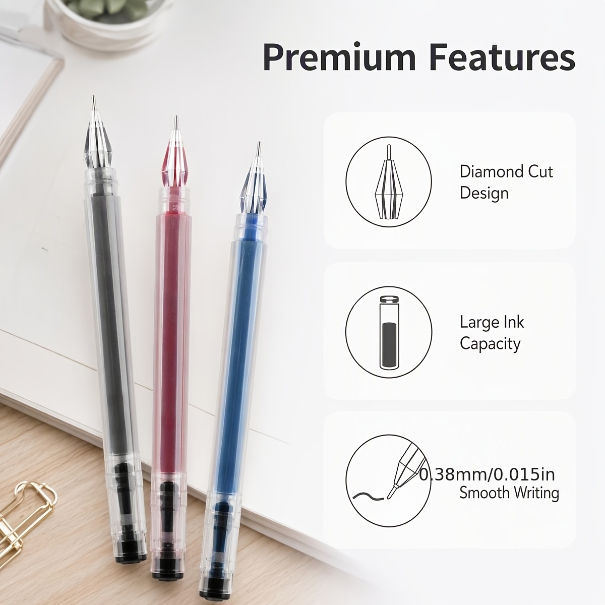 TEMU Stylo gel 0,38 mm pour perçage de , noir, rouge, bleu, 3 pièces , ensemble de 9 pièces au total, écriture lisse, papeterie de bureau pour