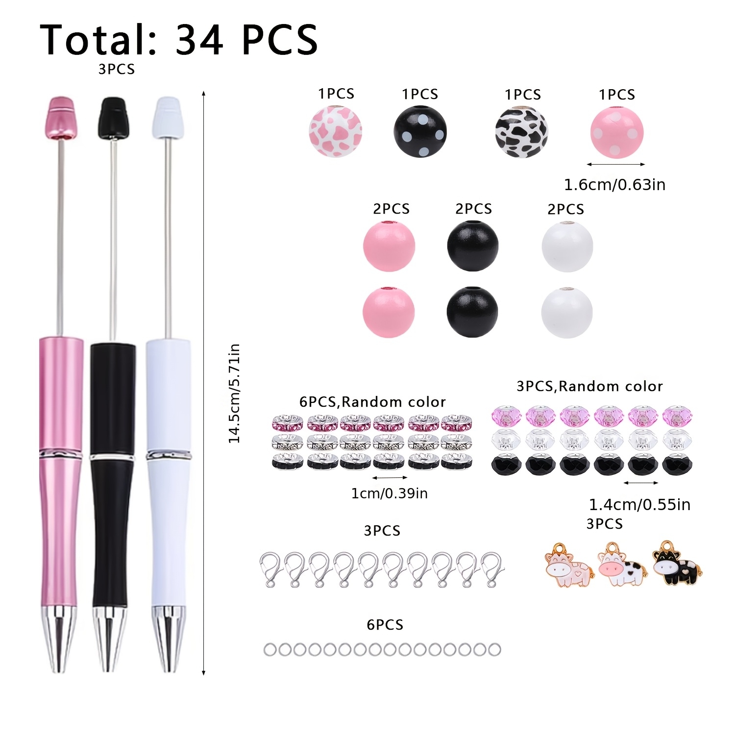 TEMU Ensemble de stylos perlés roses et noirs 34 pièces - Comprend des perles rondes imprimées avec de petits anneaux de boucle de , des séparateurs