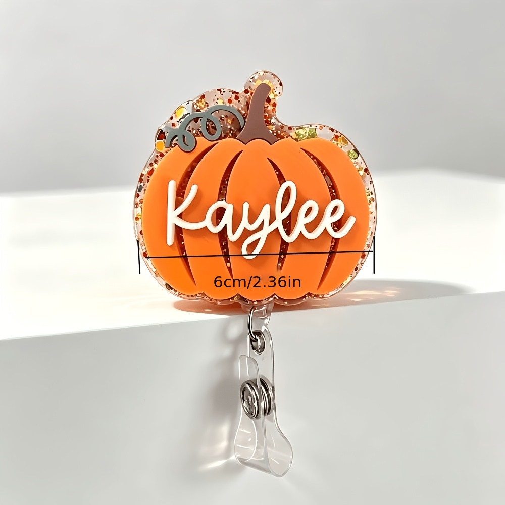 TEMU 2d 1pc Personalized Custom Name Glitter Pumpkin Retractable Badge Reel, Personalized Fall Glitter Acrylic Id Badge Holder Retractable Clip,
