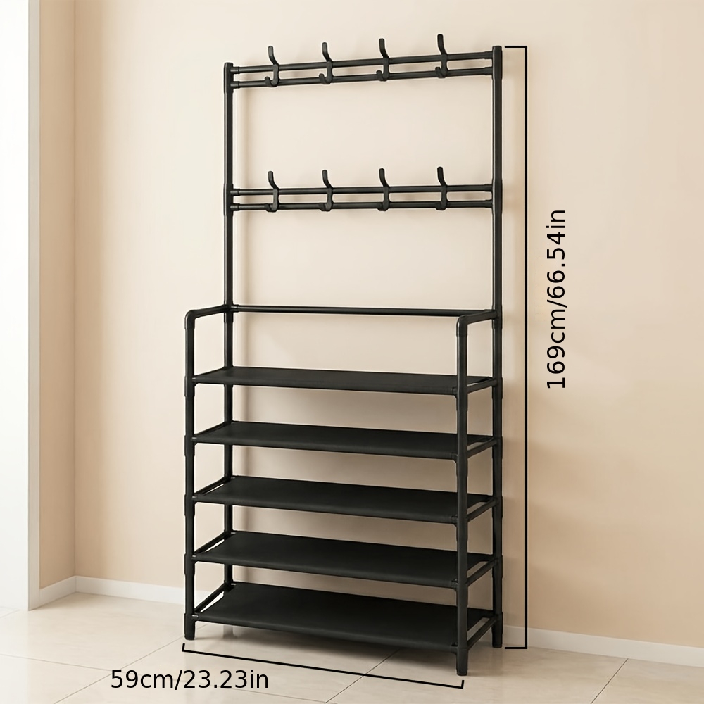 Multifunctional Entryway Shoe Rack, 5-tier Metal Frame With Fabric, Black, 8 Hooks, 169cm×59cm, For Small Spaces/small Apartment Renters/organizing Your Entryway, Bedroom & Hallway For Busy Workers
