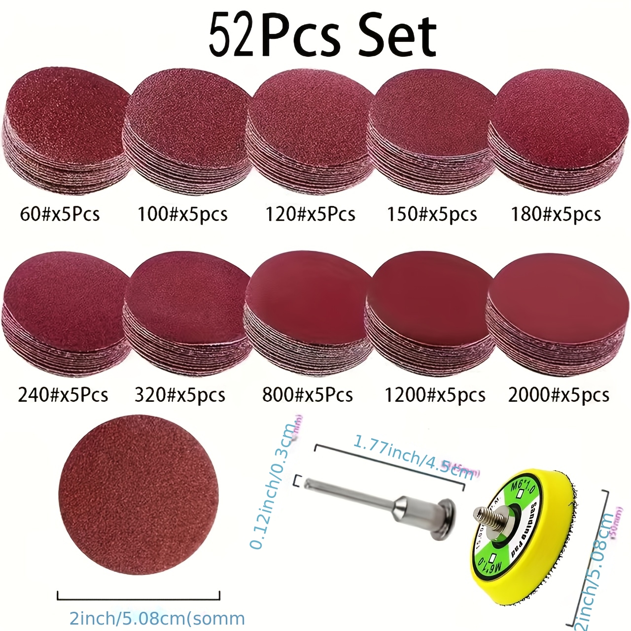 E-shop 102/52-teiliges 2 Zoll (50 mm) Schleifscheiben-Set 60-2000 Körnung, Polierscheiben-Kit für Rotationswerkzeuge, Schleifpapier-Zubehör