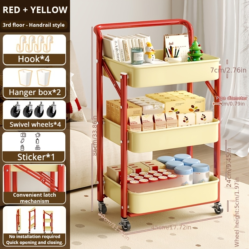 TEMU Miaoli Foldable Portable Duty Metal Utility Rolling Cart With Handle And Wheels, No Assembly Folding Movable Storage Trolley Organizer Cart With