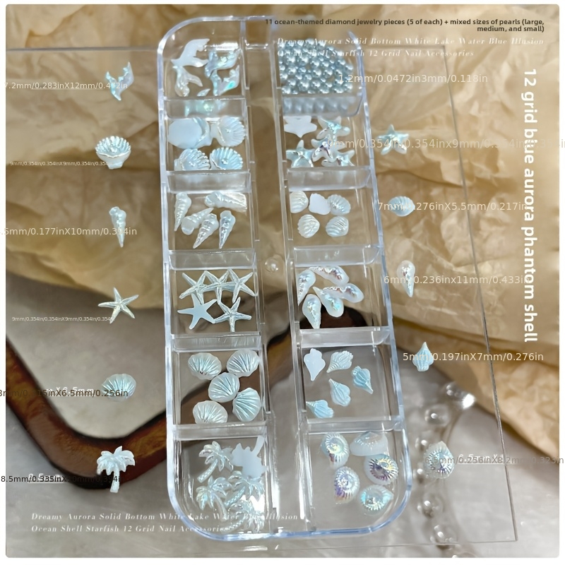 TEMU 1 Set Of 12-compartment Nail Art Additions: Aurora Conch + Starfish Shell + Coconut Tree Shaped Wearable Nail Diamond Decoration Set
