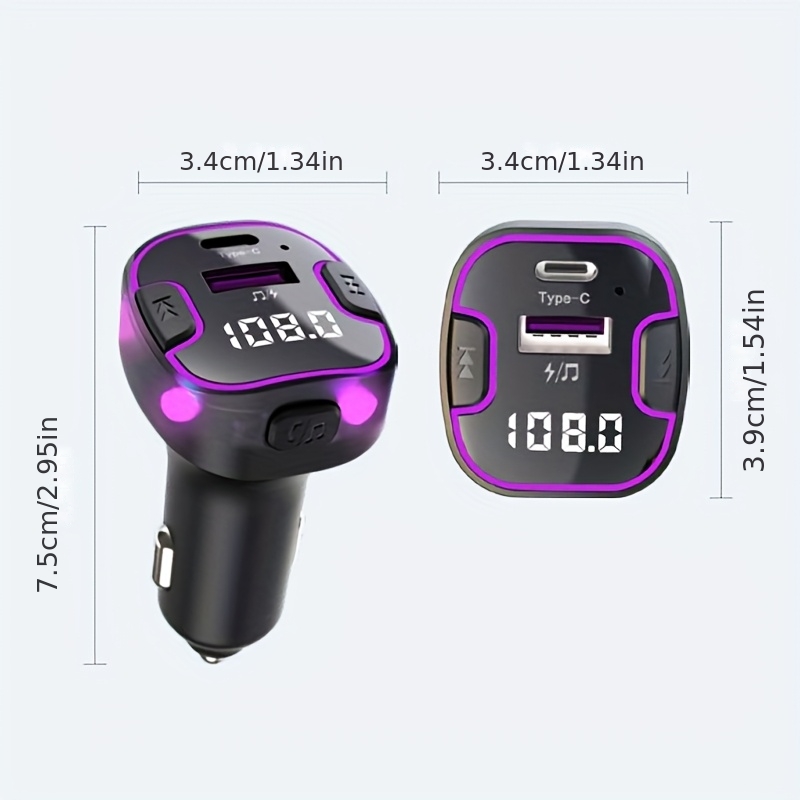 Car Wireless Transmitter with Ambient Light, V5.3 Wireless Technology, 7-Color RGB Display, Hands-Free Calling, Universal Car Charger Adapter, Automotive Charging Accessory, Sleek Gadget Design, Smooth Finish