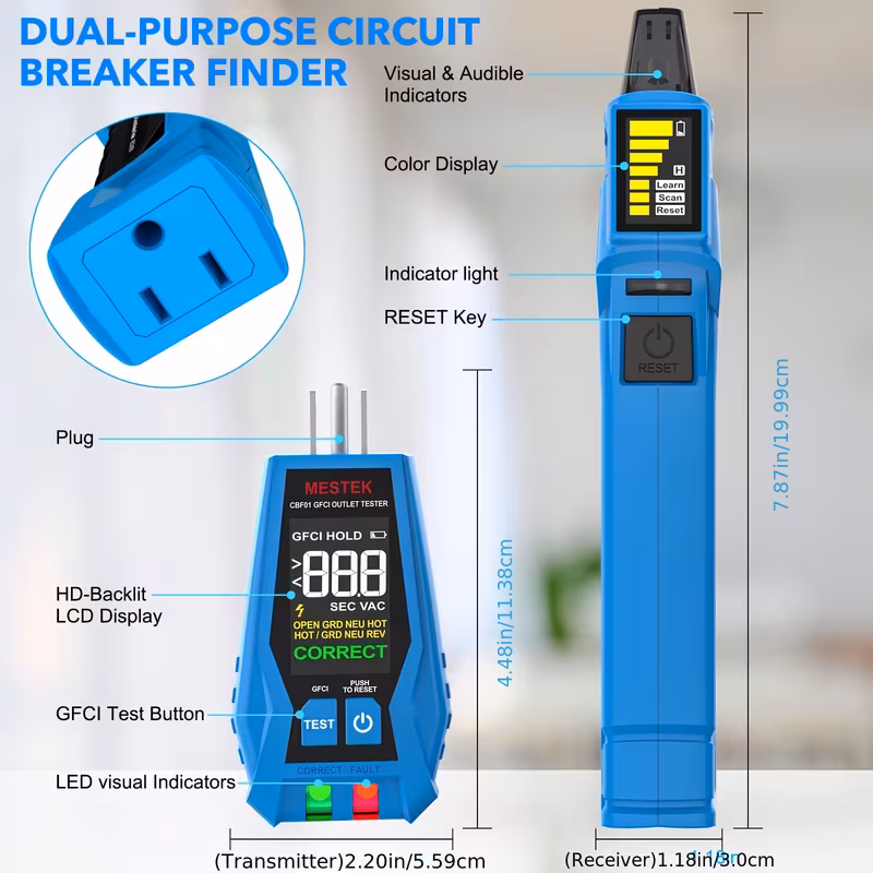 cbf01 2 in 1 circuit breaker finder electric tester ac 120v detect common wire faults us plug gfci outlet tester outlet meter lock indicator with led display electrical circuit tracer tool circuit breaker fuse quick recognizer no battery Product details 2