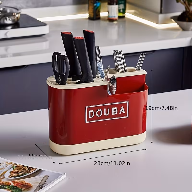 1pc red multi functional knife and cutlery organizer with drip tray countertop multi purpose utensil storage box and chopstick drainer insertable vertical fork and knife organizer storage box made of washable durable and plastic Product details 2