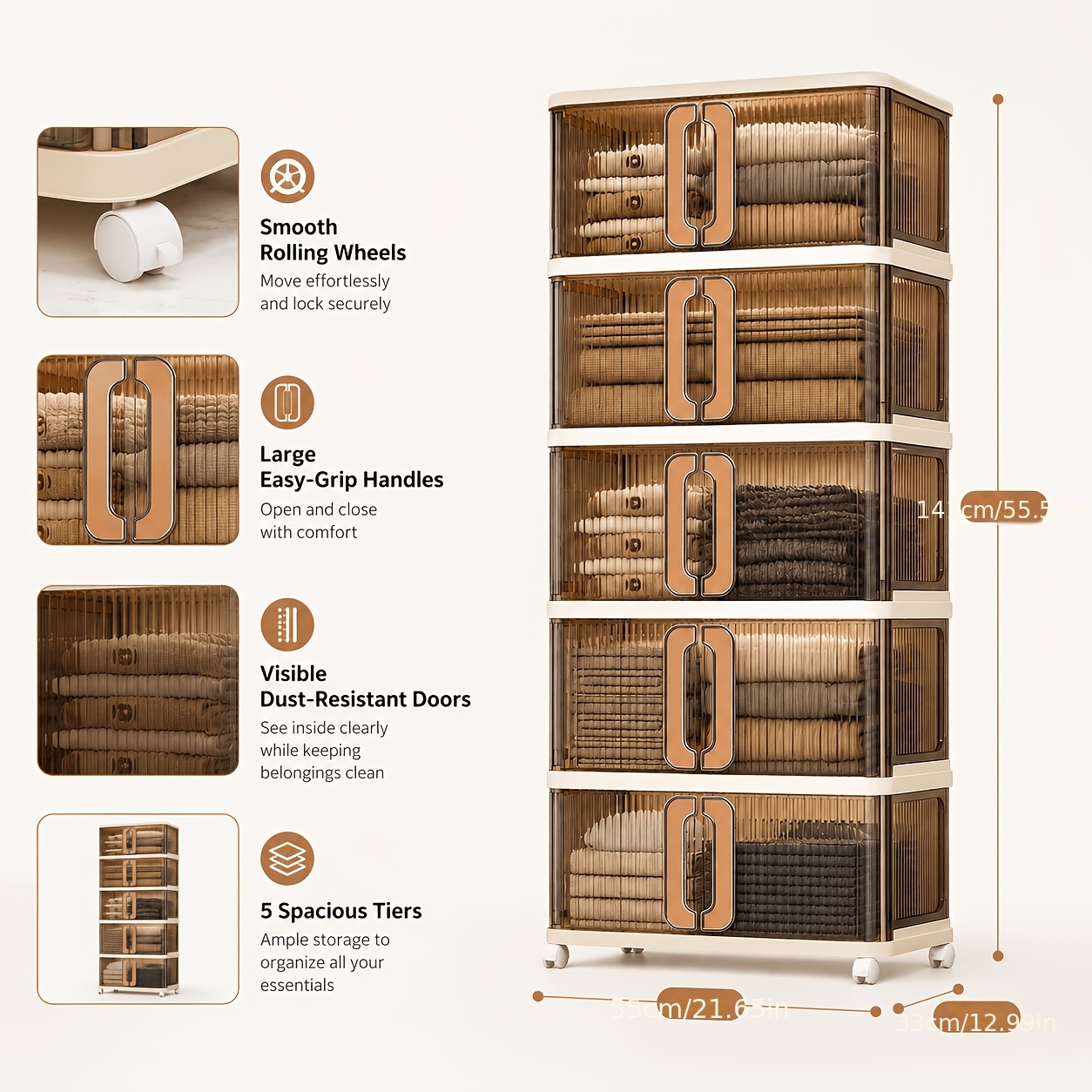 2/3/4/5-layer Stackable Wardrobe Storage Cabinet, With Sliding Doors And Wheels, Plastic Clothing Organizer, Suitable For Bedroom, Bathroom, And Laundry Room