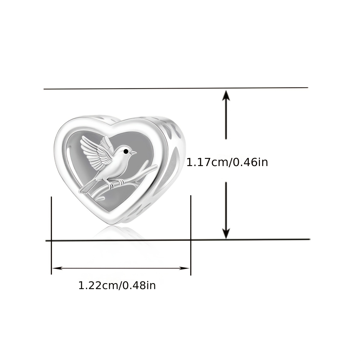 Silvery Plated Copper Heart Bead with Bird-On-Branch Pattern