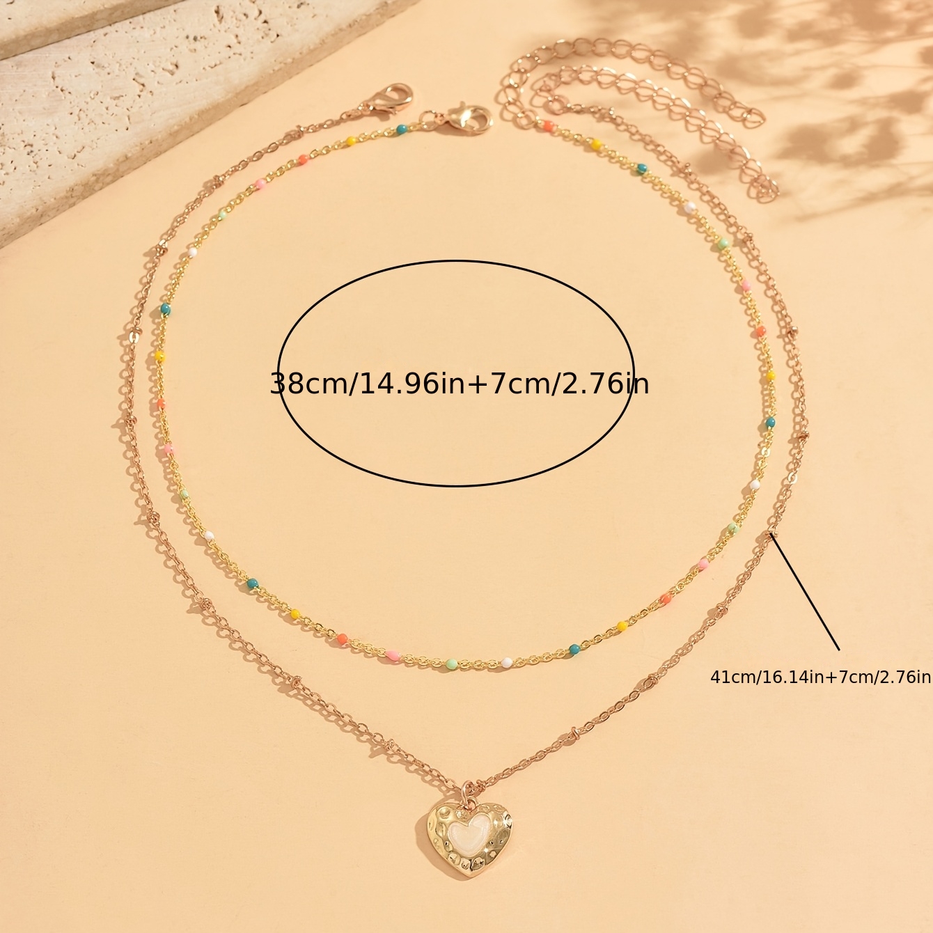2pcs Boho Layered Necklace with Enamel Beads & Heart Pendant