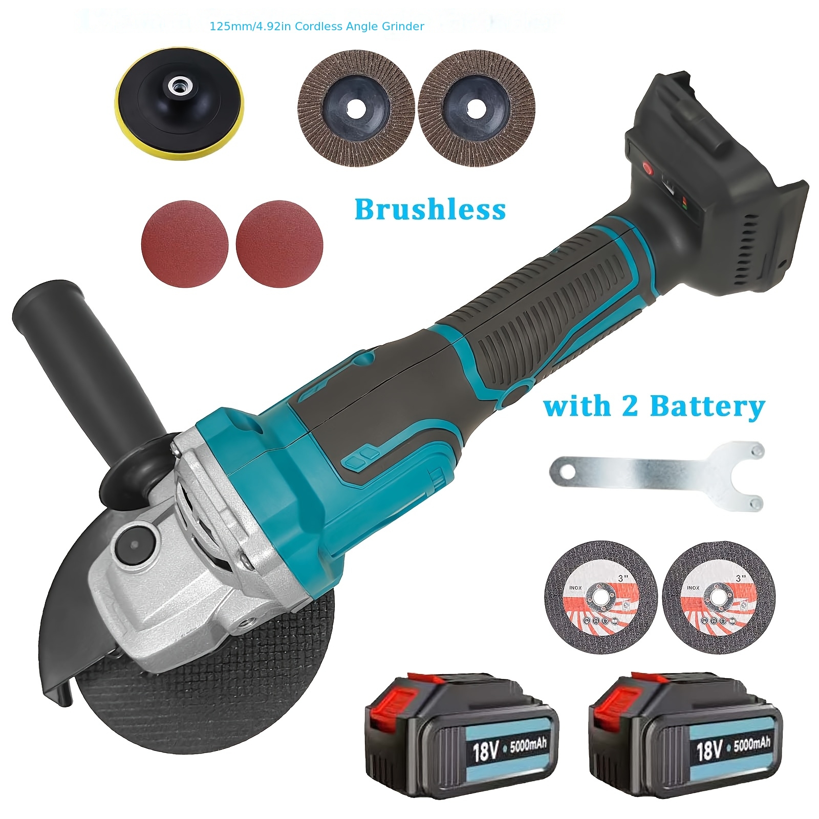 Image of Cordless Angle Grinder 125mm With 2x 5.0ah Lithium Battery, 540w 9000rpm, Brushless Motor, Electric Angle Grinder Kit For Grinding And Polishing