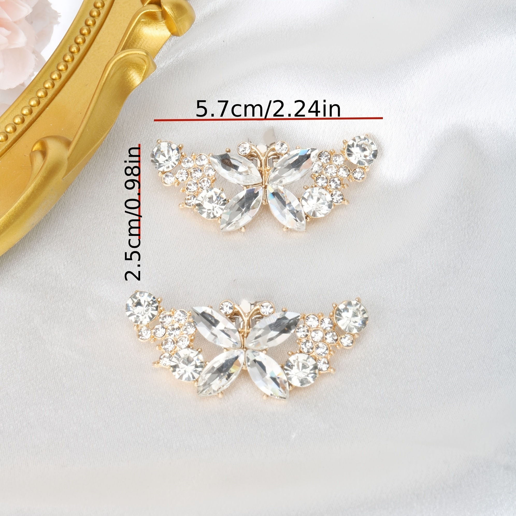 E-shop 1 Paar (2 Stück) Abnehmbare DIY Schuhaccessoires, Schuhdekorationen mit Strassmond, gebogener Blume goldenen Metallquadrat-/Rundschnallen.