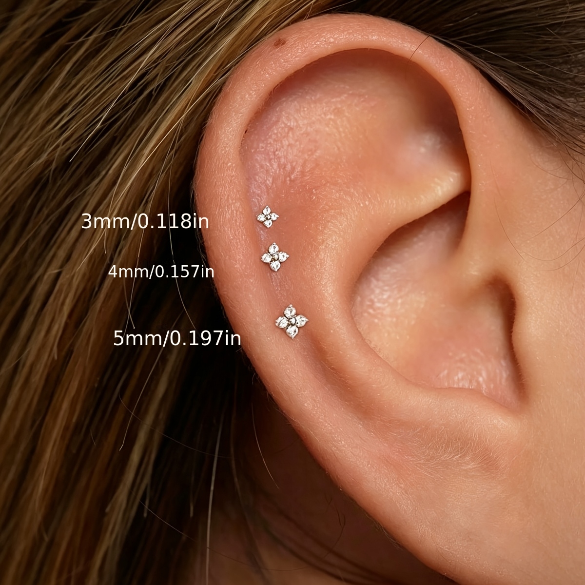 TEMU 3pcs Set Of Women's Small Flower Earrings, Sparkling Cubic Zirconia Stud Earrings Set, Suitable For Ear Lobe, Helix, And Multiple Piercings