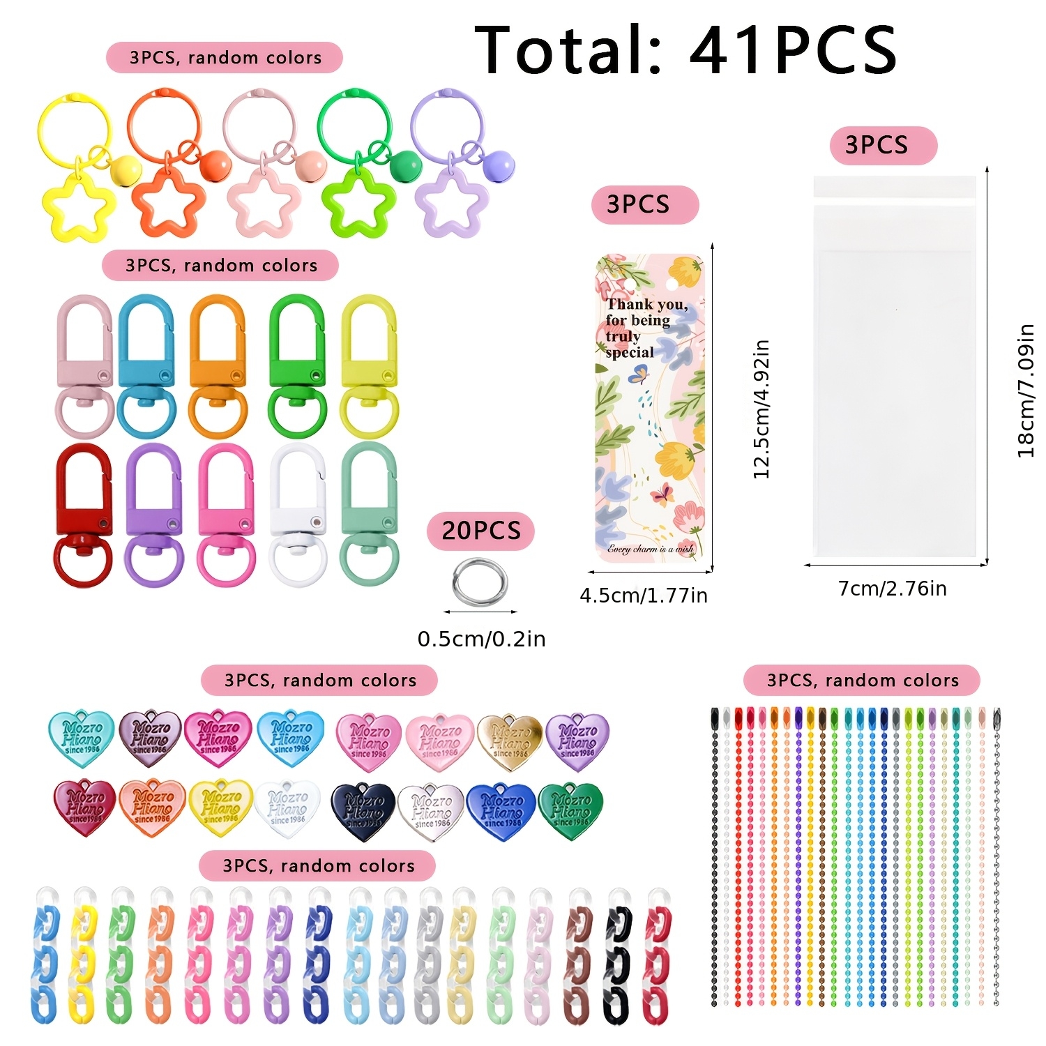 TEMU Ensemble de 41 pièces de couleurs aléatoires comprenant 3 perles à anneau ouvert, 3 chaînes perlées, 3 cintres, 3 pendentifs cœur, 3 porte-clés,