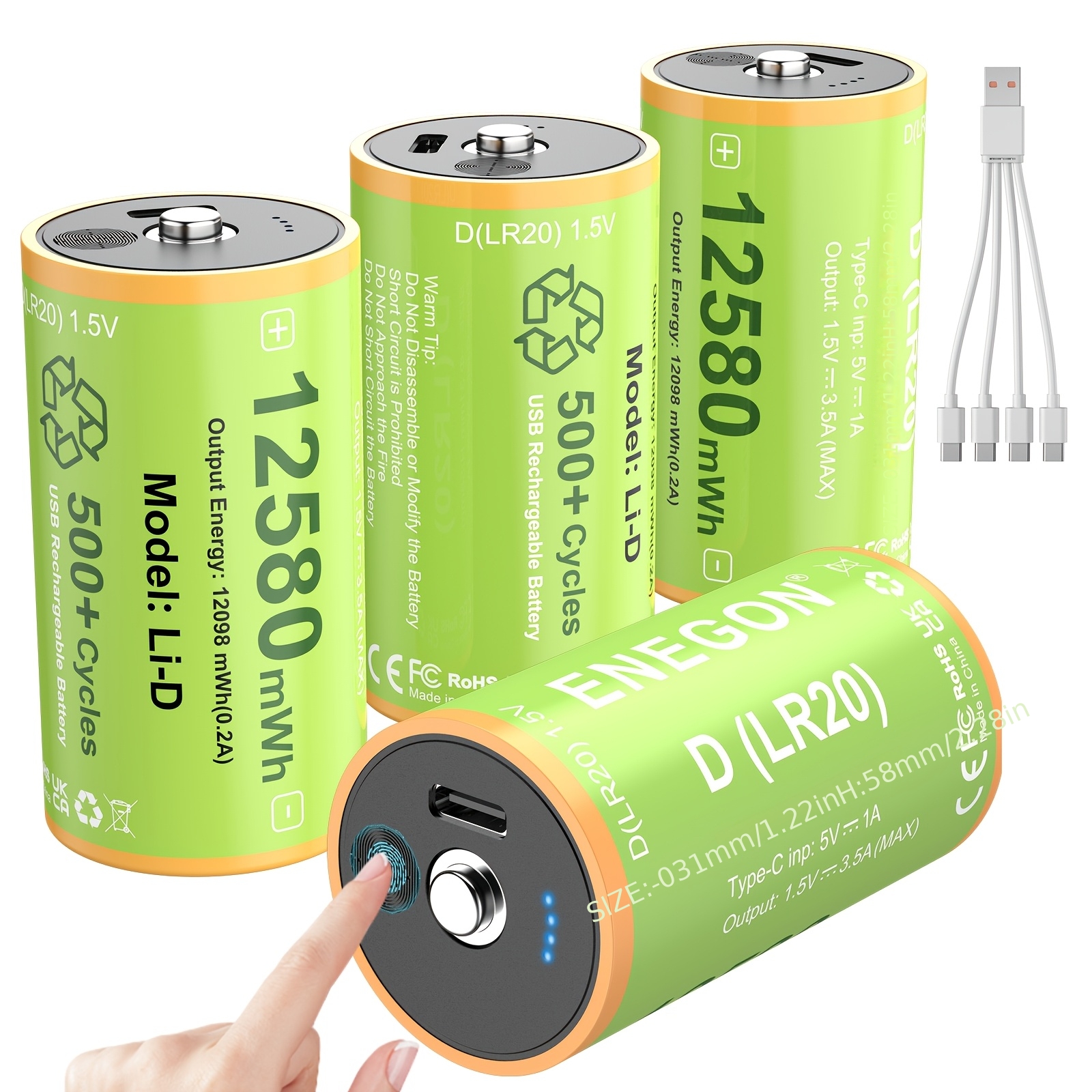 Image of Enegon D Type 12580mwh 1.5v Lr20 Rechargeable Lithium Battery 4-pack, .5a , With 1 To 4 Charging Cable, Suitable For Floodlights, Camping Lights, Radios, Security Lights, Touch Led Displays