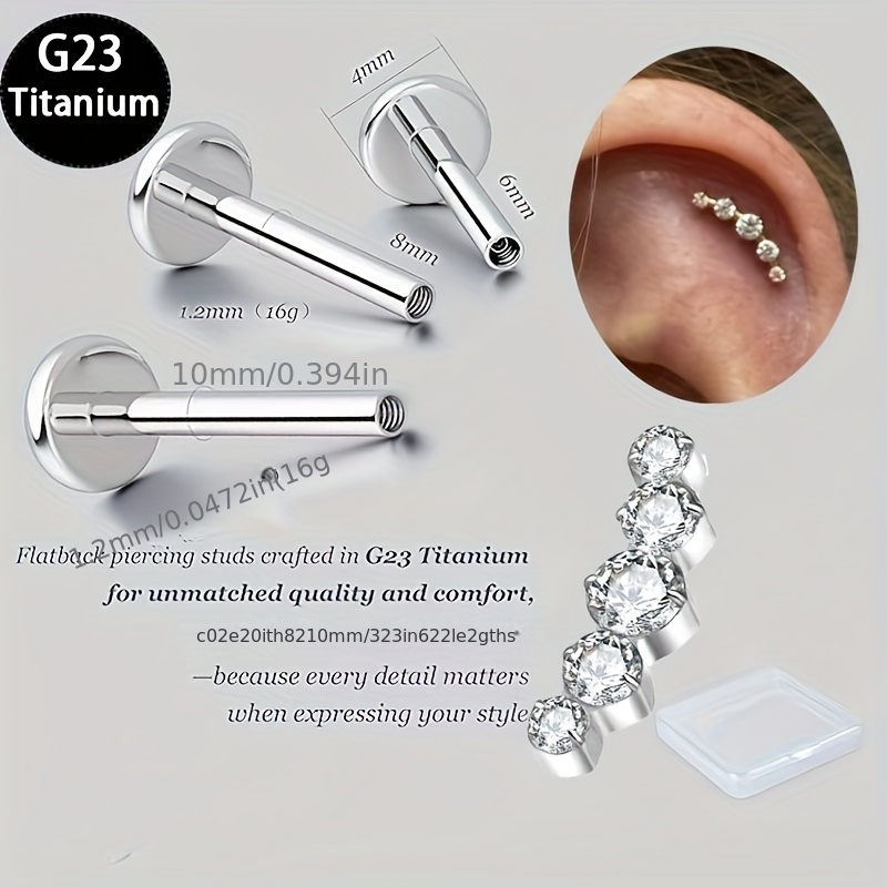 Image of 2d Flat - 3pcs G23 Titanium16g Stud Earrings Flat Back Internal Thread Cartilage Earrings For Women Hypoallergenic Cz Stud Piercing Jewelry Tragus/nose/helix/conch/medusa/lip/labret 6mm 8mm 10mm