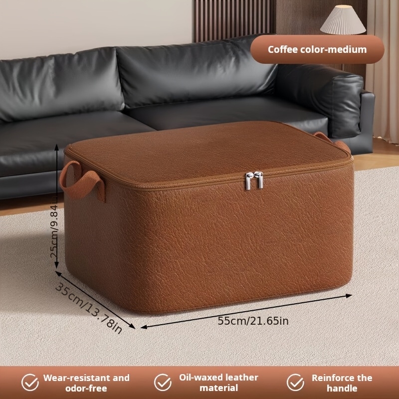 TEMU Oil-waxed Leather Storage Bag, Large-capacity Waterproof And Stain-resistant Organizer For Clothes, Quilts, And Blankets. Made Of Thickened,