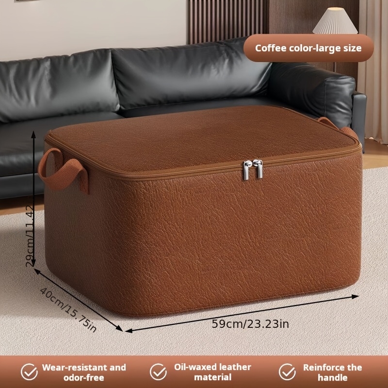 TEMU Oil-waxed Leather Storage Bag, Large-capacity Waterproof And Stain-resistant Organizer For Clothes, Quilts, And Blankets. Made Of Thickened,