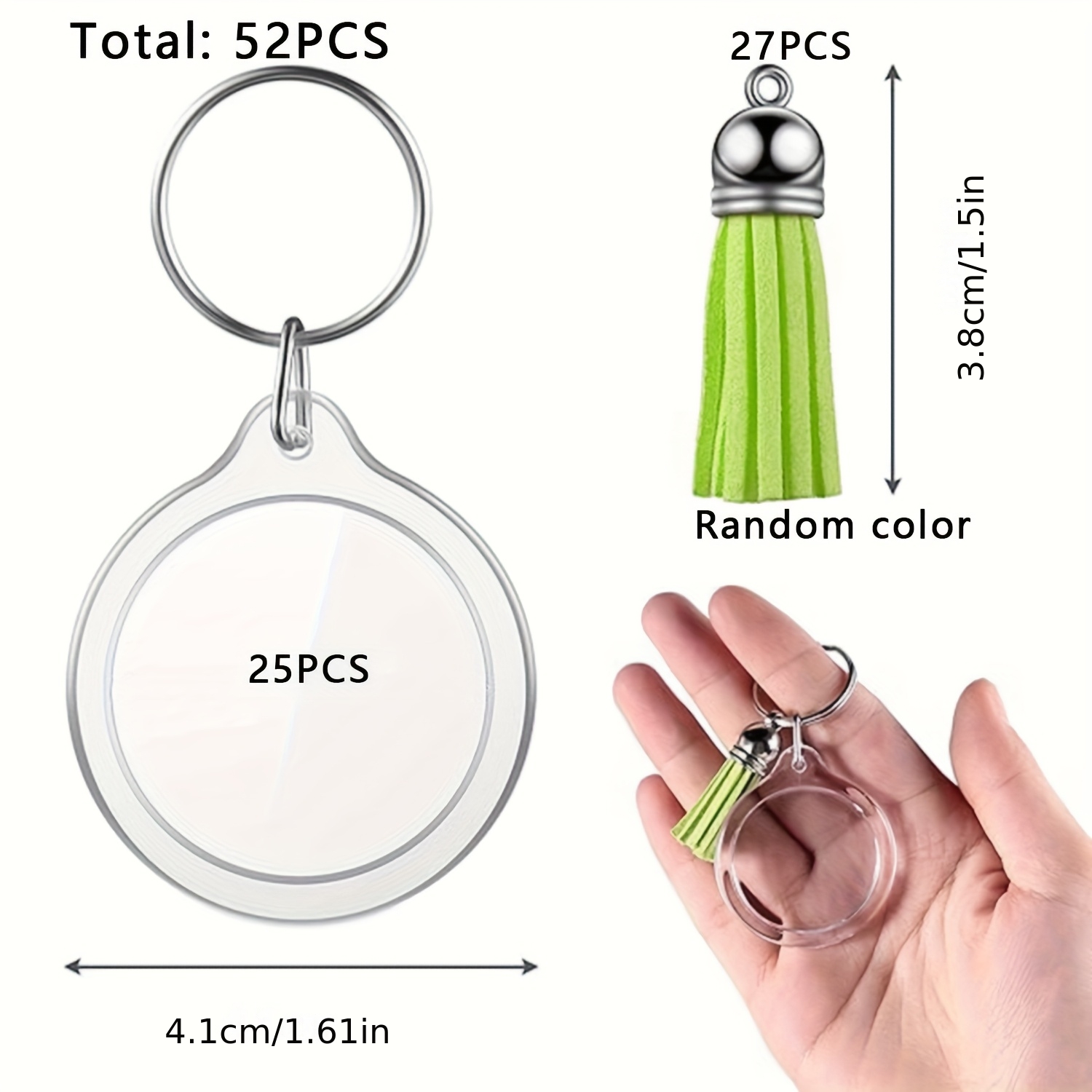 TEMU Kit de porte-clés avec cadres photo ronds en acrylique, 52 pièces (25 cadres photo, 27 pompons aléatoires), des anneaux de clé, des pompons de