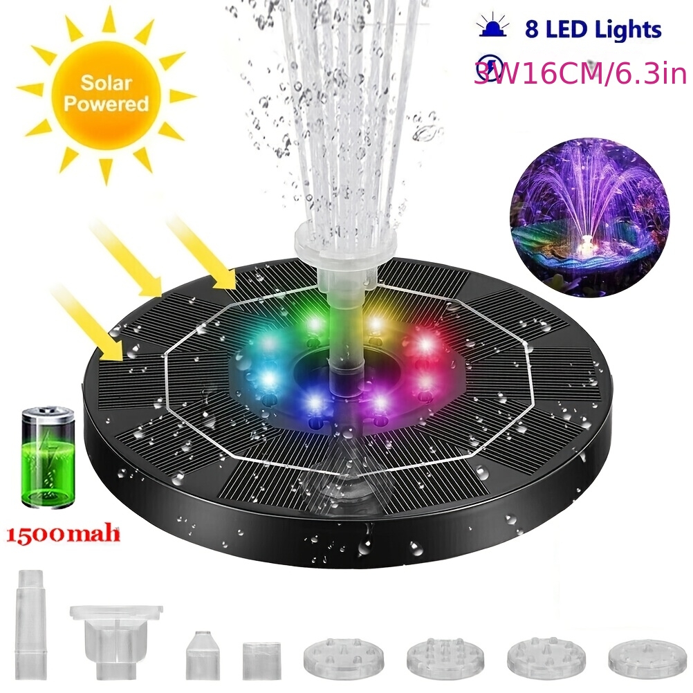 E-shop 16 cm Solarbetriebene Springbrunnenpumpe, 3W Solar Vogelbad Springbrunnen Wasserpumpe Eingebaute Batterie 1500mAh, IPX8 LED mit 6 Düsen,