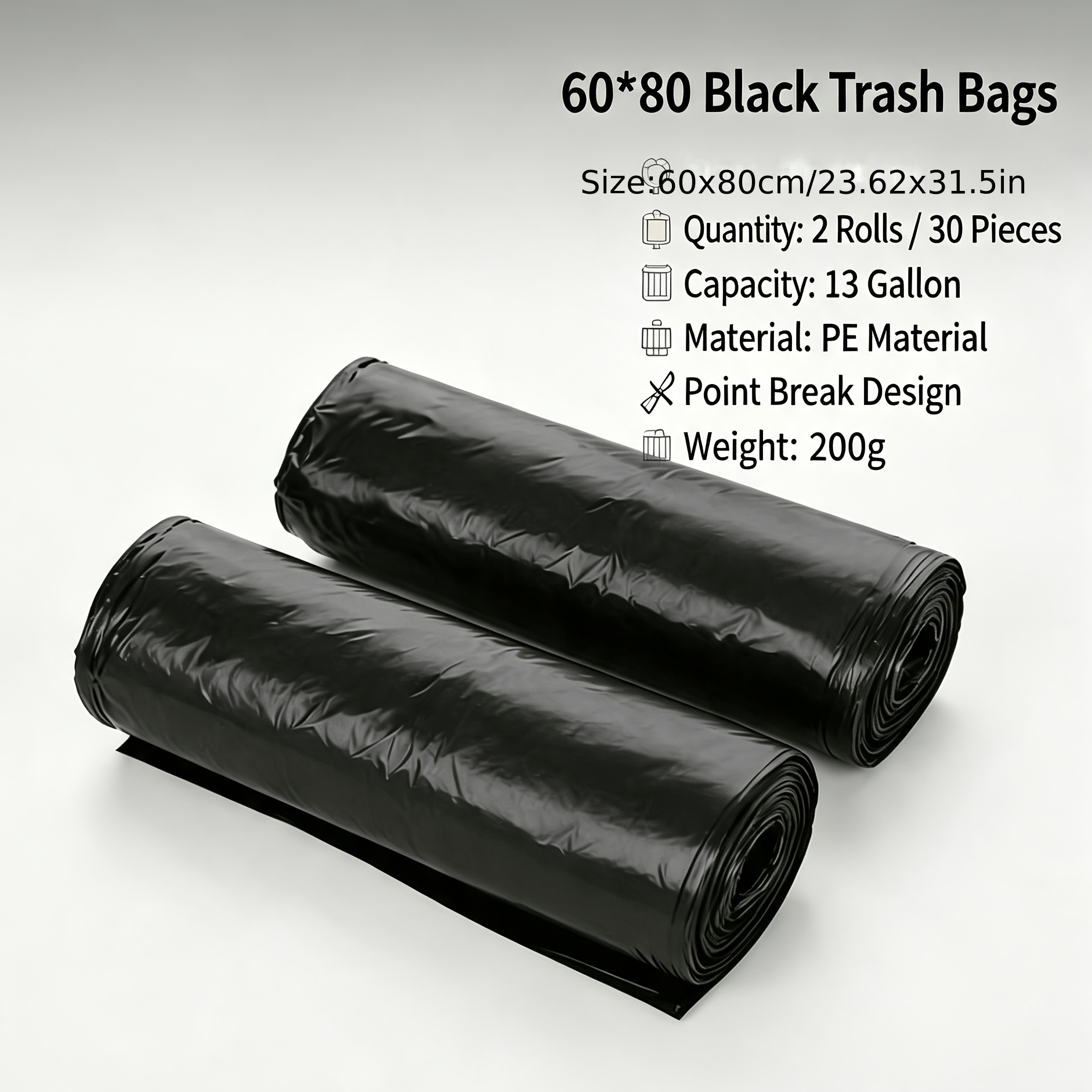 TEMU Black Large Garbage Bags 23.62x31.5 Inches, Flat Opening Thickened Puncture-resistant Leakproof Plastic Bin Liners, 2 Rolls, Total 30pcs,