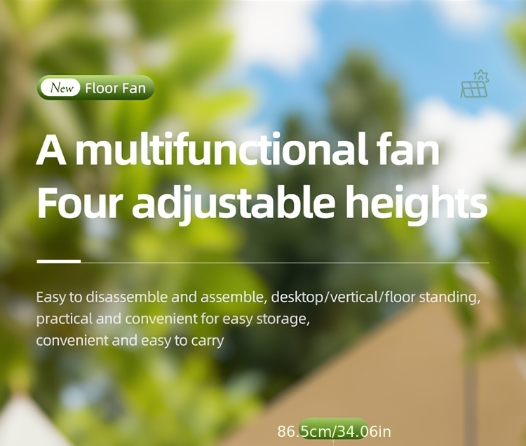 A Easy Outdoor Solar-Powered Floor Fan with a Circulating Function, Featuring Four Height Adjustment Modes, a Type-C Quick Charging Version, a Five-Speed Desktop Fan, a Retractable Electric Floor Fan, an Ultra-Long-Lasting Outdoor Cooling Device