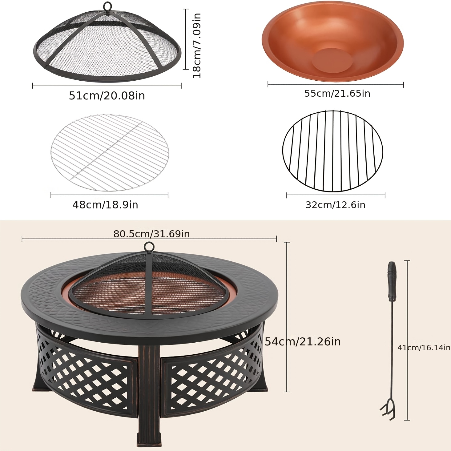 TEMU Outdoor Stove, Round Fire Pit, With Spark Screen, 80.5 Cm Diameter, Multi-functional Fire Pit, Suitable For Camping, Hiking, Garden, Barbecue,