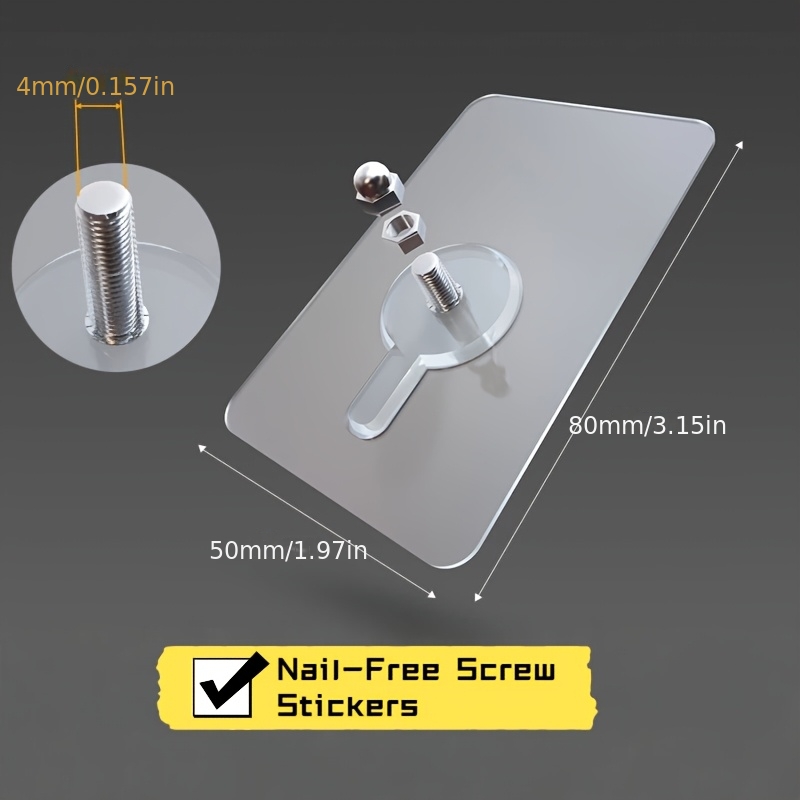 TEMU 6pcs No Drill Adhesive Screw Stickers Heavy Duty Wall Hooks Reusable Damage-free Wall Mounted Hooks For Bathroom Kitchen Bedroom, Utility Hooks